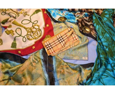 Lady's accessories - Silk scarves including Hermes Les Cles by Cathy Latham;  Liberty Hera, Peacock feather, Jacqmar, Burberr