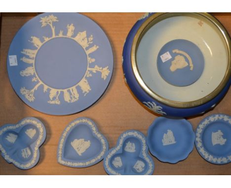 Wedgwood - a blue Jasper salad bowl, Epns rim; teapot; water jugs; pale blue commemorative plate; dishes; etc qty