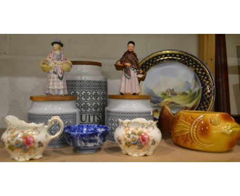 Ceramics - a Royal Doulton figure orange lady; another Romany Sue; three Hornsea tapestry jars; a sarreguemines fish bowl; et