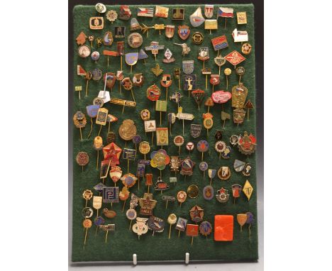 A collection of enamel football badges and pins, mostly mid-20th century Czech and Soviet Union
