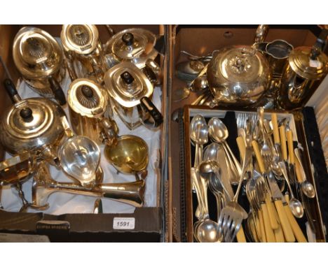 Silver plate - a pair of wavy rim bud vases; a globular teapot; others; an oval cased matched canteen, etc 