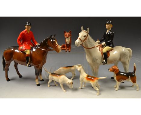 A Beswick seven piece hunting group comprising Hunts woman on grey, huntsman red jacket on brown gloss, seated fox, four asso