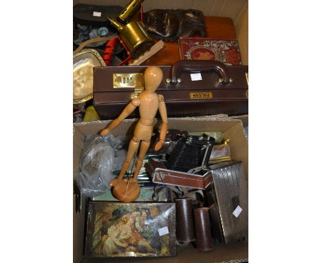 Boxes and Objects - an Agfa Film B2 camera; a pair of Soviet binoculars, 844057; a mid-20th century First Aid Kit; horse bras