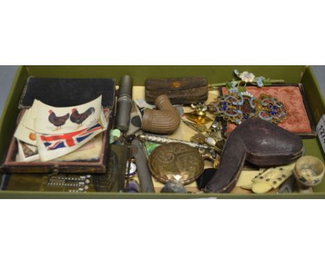 Boxes and Objects - enamel belt buckle; cigarette cards; a tappit pocket adder; pipe; etc