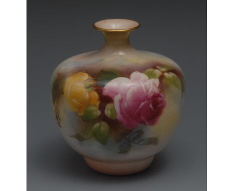 A Royal Worcester ovoid vase, decorated with large red and yellow roses, gilt line borders, 8.5cm high ,printed crown and cir