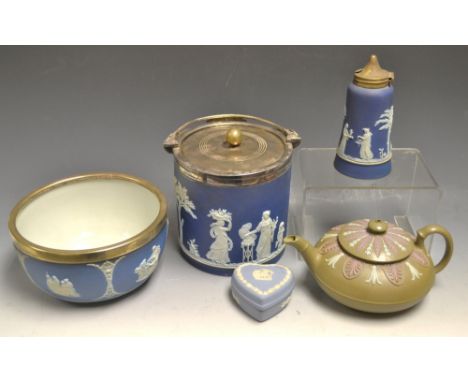 A Wedgwood teapot; blue jasperware biscuit barrel with EPNS lid and handle; a similar bowl and condiment jar; trinket pot (5)