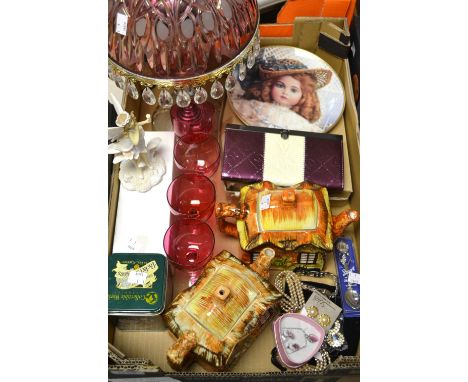 Miscellaneous - Cottage ware tea pots, cranberry glasses, table lamp, costume jewellery and watches, purse;  etc