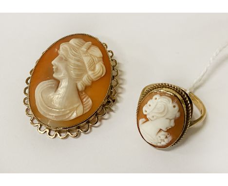 9CT GOLD CAMEO BROOCH &amp; A 9CT GOLD CAMEO RING - SIZE N