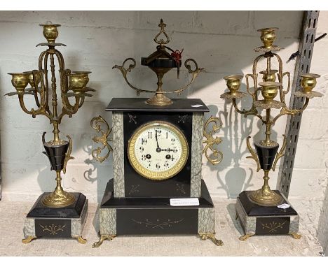 FRENCH BLACK SLATE CLOCK &amp; GARNITURE 41CMS (H) APPROX