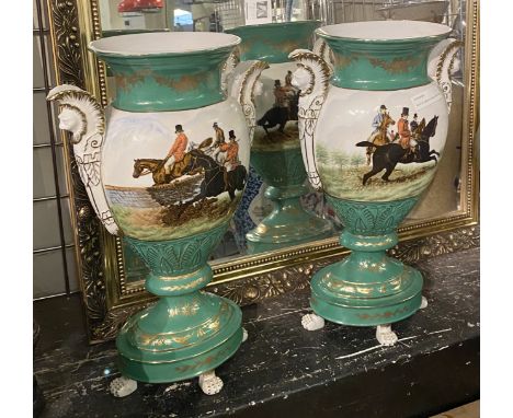 PAIR OF GREEN PORCELAIN HUNTING SCENE VASES 39CMS (H) APPROX