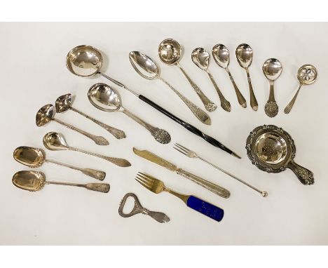 SELECTION OF DANISH SILVER, ENAMEL, GEORGIAN SILVER LADLE &amp; PLATED FLATWARE