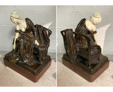 BRONZE FIGURE OF A GIRL SITTING ON A BENCH WITH MARBLE BAS E &amp; SIGNED ON THE REAR - TERESZCZUK