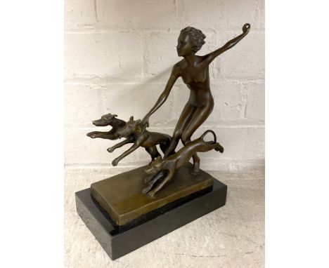 BRONZE ART DECO STYLE GIRL &amp; DOG 24CMS (H)APPROX
