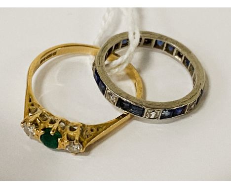 18CT YELLOW GOLD DIAMOND &amp; EMERALD RING WITH A SAPPHIRE &amp; DIAMOND FULL ETERNITY RING - SIZE J - SIZE O / P