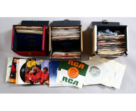 3 boxes of 7 inch singles including Rolling Stones, Respectable, Slade in Flame, Chubby Checker The Twist, Roxy Music, MUD, S