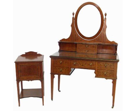 Edwardian ripped satinwood dressing table with inlaid trailing floral decoration, oval tilting glass above shelf, two central