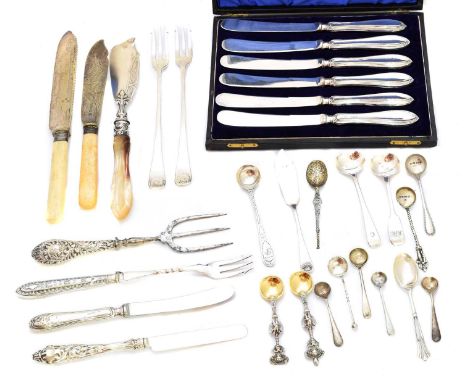 A large selection of silver, to include caddy spoons, pickle forks, sifter spoons and a cased set of butter knives, gross wei