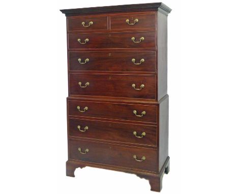 George III mahogany chest on chest, top section with key pattern cornice, two short and six long drawers overall all fitted w