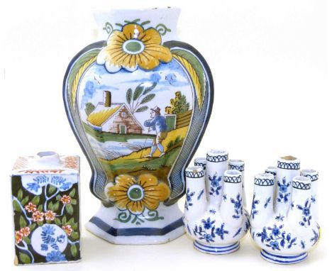 Deflt polychrome hexagonal vase, a tea caddy and a pair of tulip vases, the hexagonal vase measures 23cm high