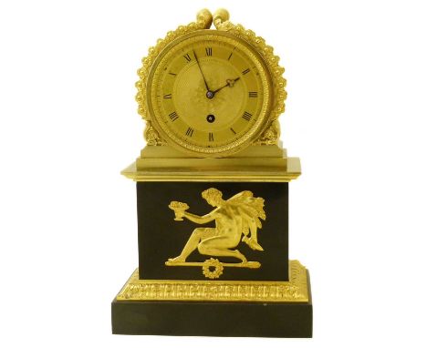 Early 19th century Regency design mantel clock, 8-day movement, brass dial with Roman numerals contained in cylinder case wit