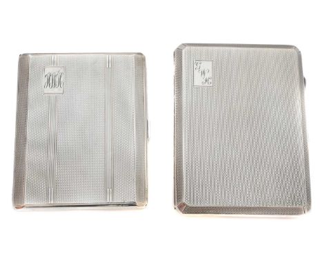 Two George V silver cigarette cases, with engine turned detailing and silver gilt interior, hallmarks for Morgan &amp; Boon, 