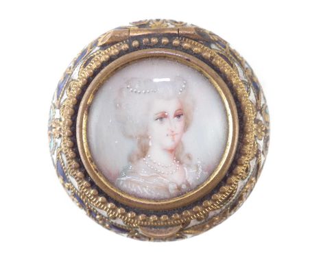 Gilt metal patch box probably Russian, set with a central portrait of a lady painted on ivory, within champleve enamel ground