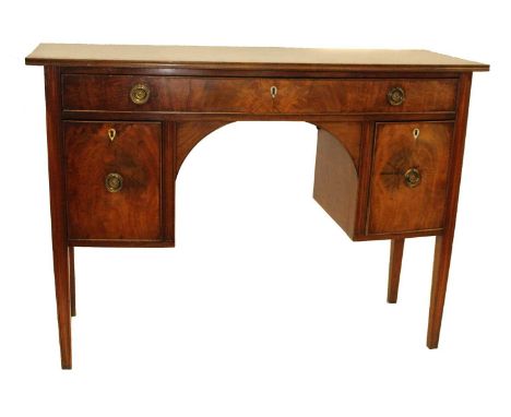 George III mahogany bow-front sideboard, top with moulded edge, single drawer above two deep cellarette drawers, each with br