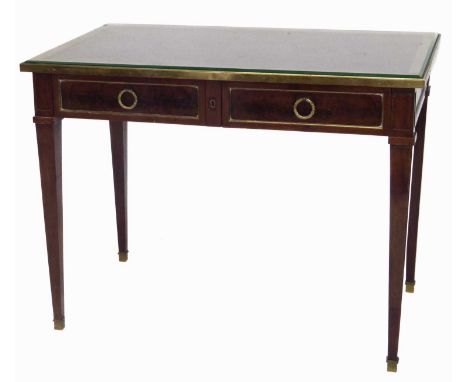 Late 19th-century continental writing table, rectangular top with maroon leatherette inset, bevelled plate glass contained by