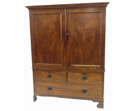 Victorian figured mahogany linen press, the top section with two single panelled doors opening to reveal three sliding shelve