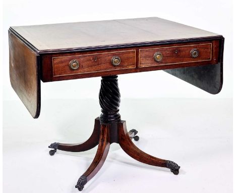 Early 19th-century rosewood veneered sofa table, rectangular top with two flaps with stylised string inlay, two true and two 