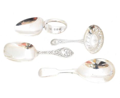 Three George III and later silver caddy spoons, and one other spoon, hallmarks for London, 1794-1890, gross weight 1.70ozt.Co