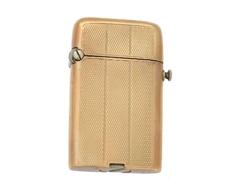 A yellow metal lighter by Thorens, of rectangular form, with engine turned detailing, stamped Thorens and Hallmarked, dimensi