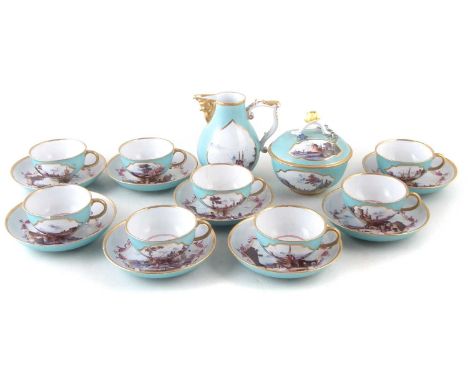 Meissen part tea service, to include eight cups and saucers, jug and sucrier, painted with coastal scenes, fishing boats and 