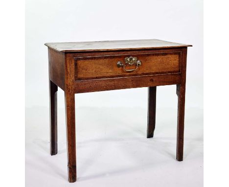 George III oak side table, rectangular two plank top above single drawer with cock-beading and mahogany cross-banding, replac