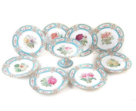 English porcelain dessert service, painted with floral specimens within pierced borders, comprising of eight plates and a com