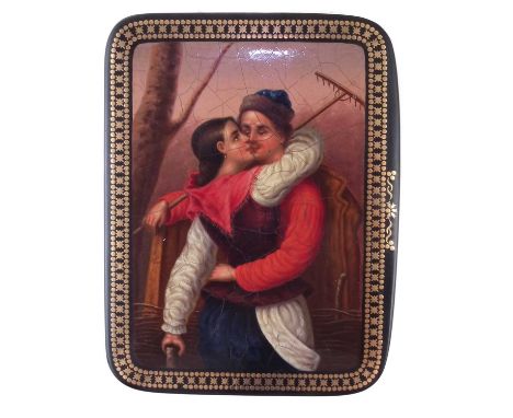 Imperial Russian Laquered hinged box, painted with agricultural workers, the interior painted red and bearing gilt Imperial E
