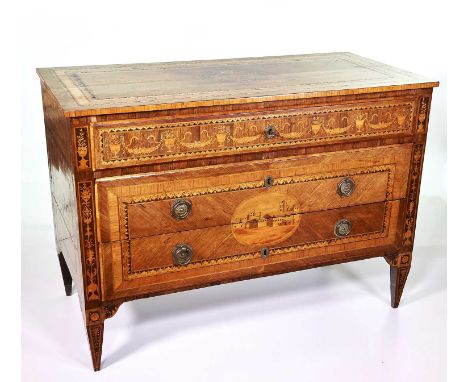 Late 18th-century Italian commode chest, with quartered veneers various hardwoods, top with central rosette framed with cross