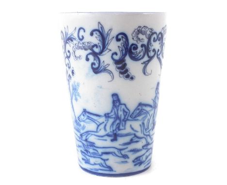 Continental Faience beaker, painted with a fox hunting scene, VD mark to base.13cm highCondition report: Small chips to the f