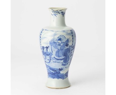 Decorated to show a courtly scene of an official and attendants in an outdoor pavilion set within a garden landscape; leaf ma
