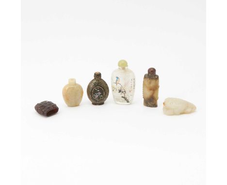 Comprising three jade bottles, one black lacquer bottle, and an inside painted glass snuff bottle; together with a horn carvi