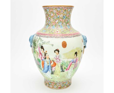 The ovoid form body with a short, concave neck; decorated to show a figural scene in a garden landscape; with an apocrophal m