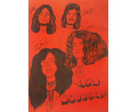 Led Zeppelin: A large and unusual autographed hand-painted poster,1970,a vivid hand-painted portrait poster signed by Robert 