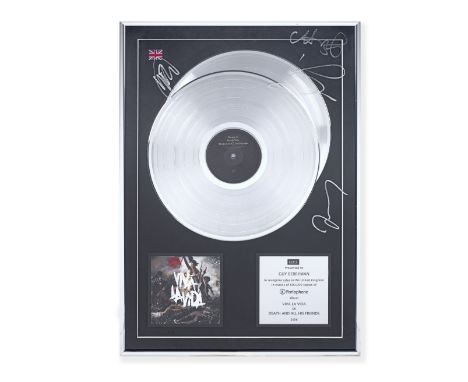 Coldplay: A BPI double 'Platinum' disc award for the album Viva La Vida,2008,plaque reading Presented to Guy Berryman to reco