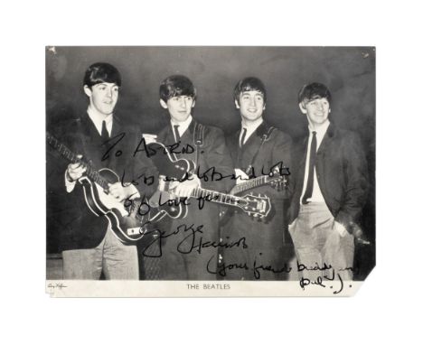 The Beatles/George Harrison: A large Beatles fan club card by Dezo Hoffman signed and inscribed by George Harrison,early 1963