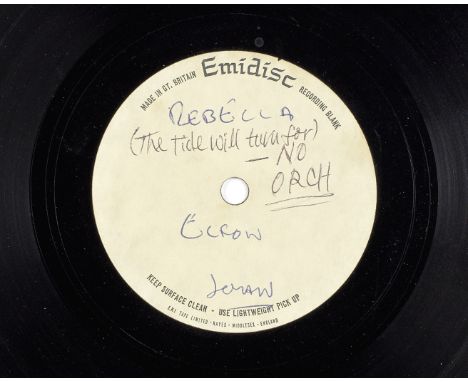 Elton John: An acetate recording of The Tide Will Turn For Rebecca,probably early 1970,single-sided, 7inch 45rpm, Emidisc lab