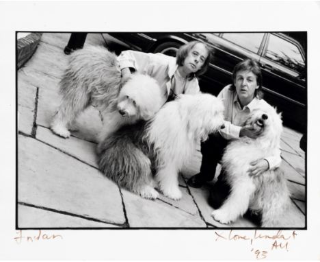 Linda McCartney (American, 1942-1998): Iain Macmillan and Paul McCartney with sheepdogs,1993,black and white photographic pri