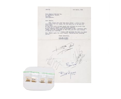 The Rolling Stones: Autographs And Hair Clippings,1964,comprising a typewritten letter to a fan, dated 9th March, 1964, givin