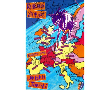 The Rolling Stones: A concert poster signed by the band,1990,a poster for The Rolling Stones, Urban Jungle, European Tour wit
