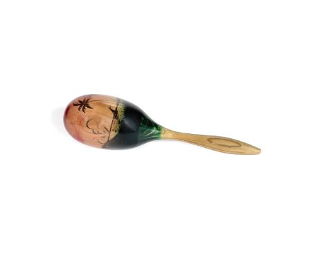 The Rolling Stones: One of Mick Jagger's Maracas,1964,decorated with a tropical beach scene in black, green and crimson, with