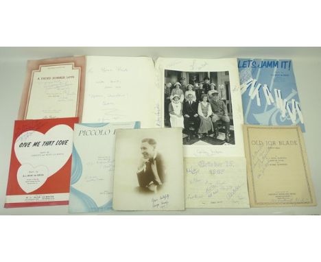A quantity of musical autographs including a jazz programme signed by Eva Taylor, song sheets signed by D J (Nick) La Rocca a